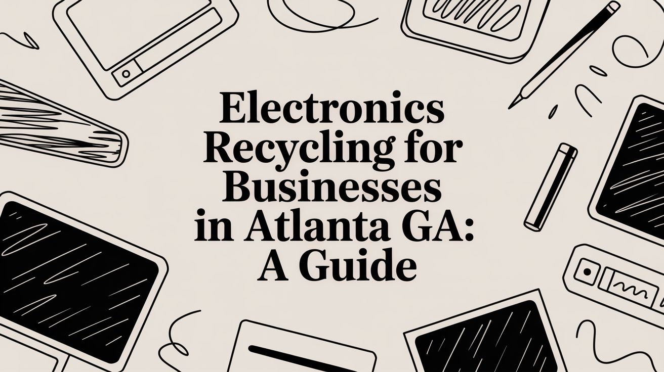 Center title reads 'Electronics Recycling for Businesses in Atlanta GA: A Guide' with sketchy device outlines around it, as a cover image.